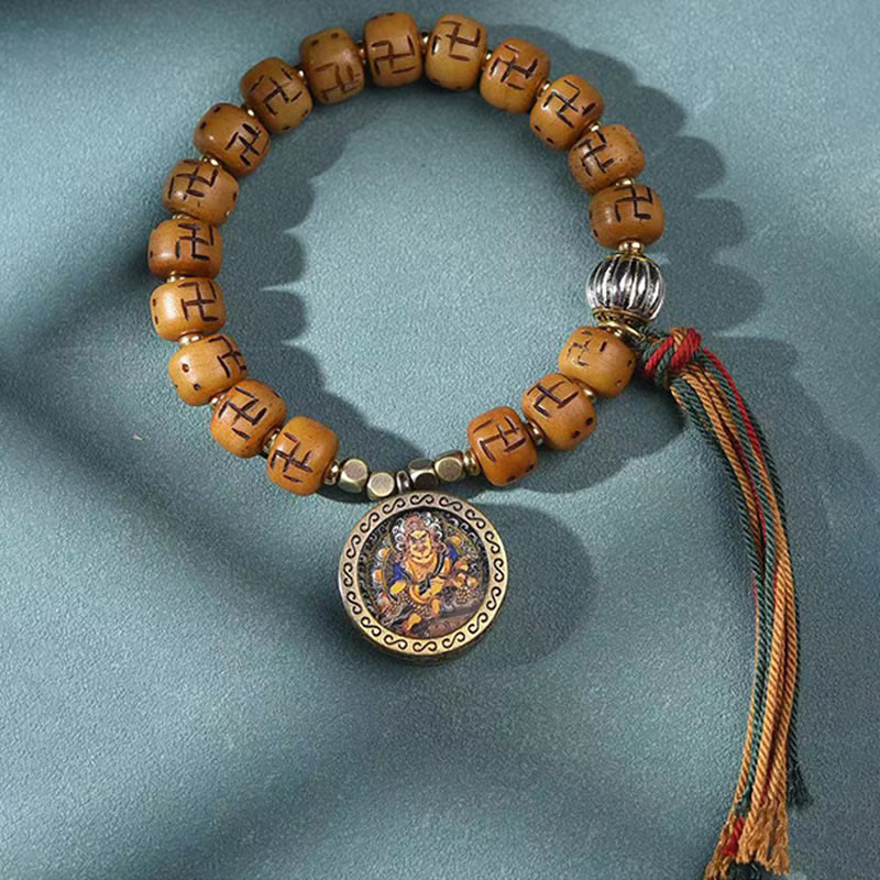BWOOOH Natural Tibetan Camel Bone Swastika Dzi Bead Shankha Buddha Charm Kirtimukha Luck Protection Tassel Bracelet