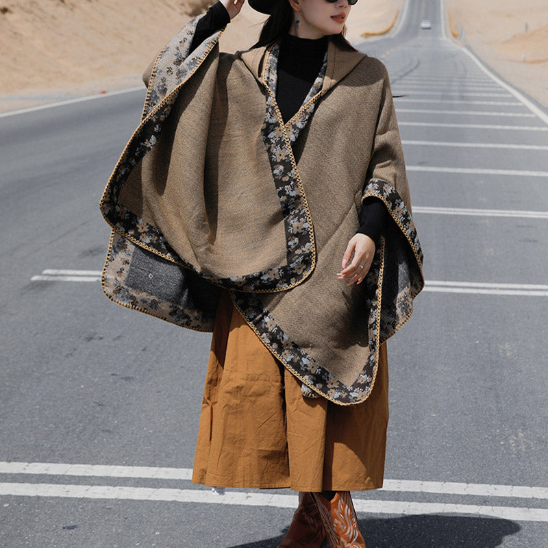 BWOOOH Tibetan Shawl Border Small Floral Flower Hooded Cl