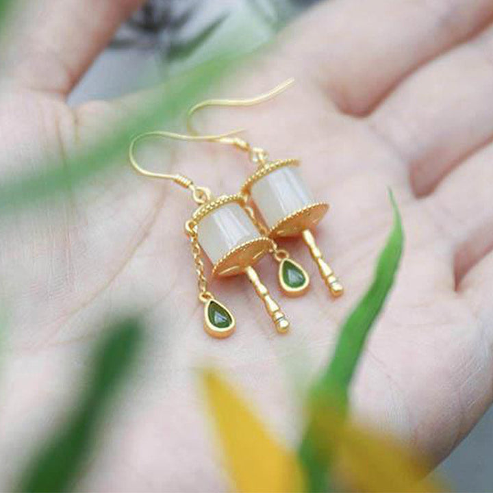 BWOOOH 925 Sterling Silver Jade Prayer Wheel Luck Drop Earrings