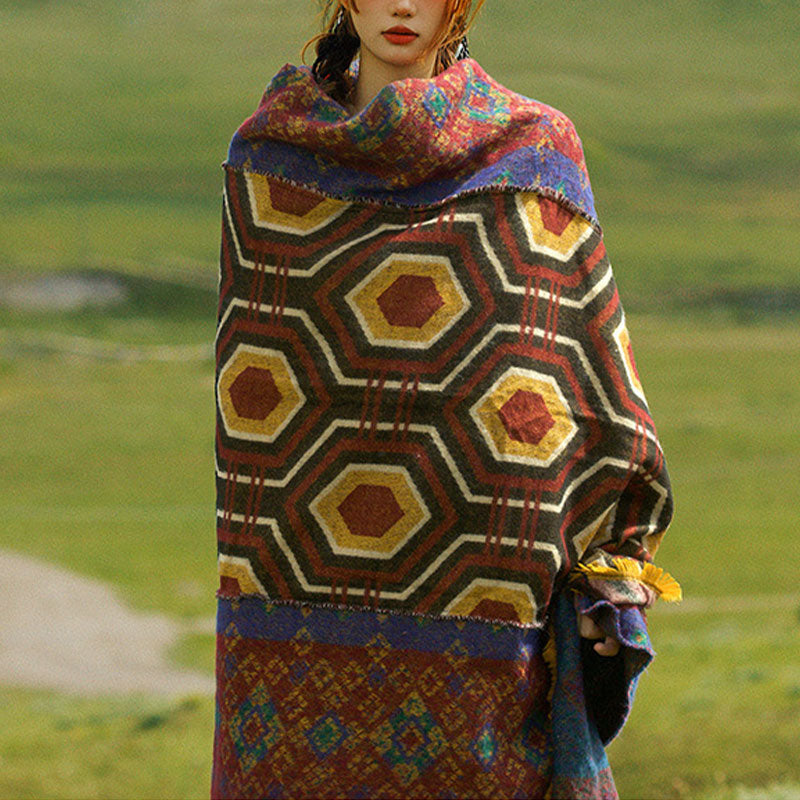BWOOOH Tibetan Shawl Brown Blue Red Geometric Shapes Patt