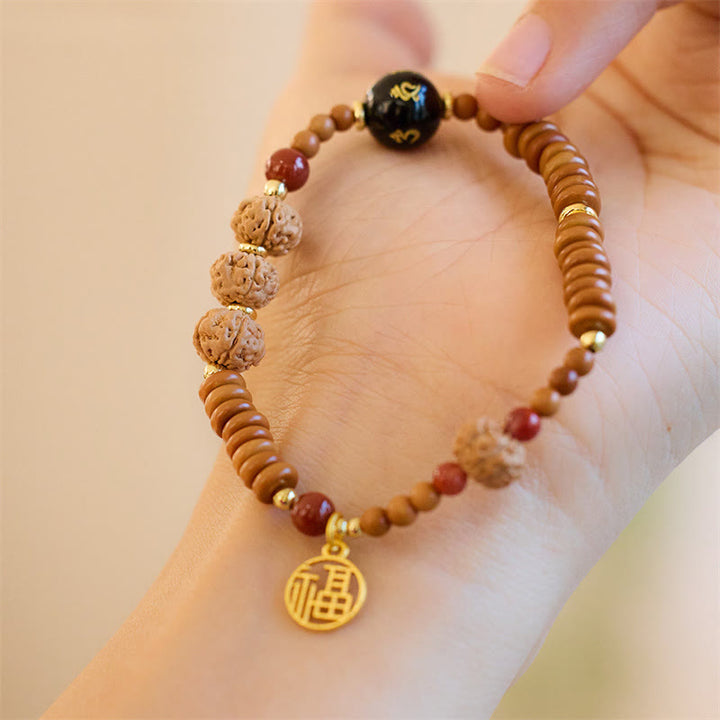 BWOOOH Tibetan Bodhi Seed Black Onyx Smoky Quartz Om Mani Padme Hum Fu Character Wealth Bracelet