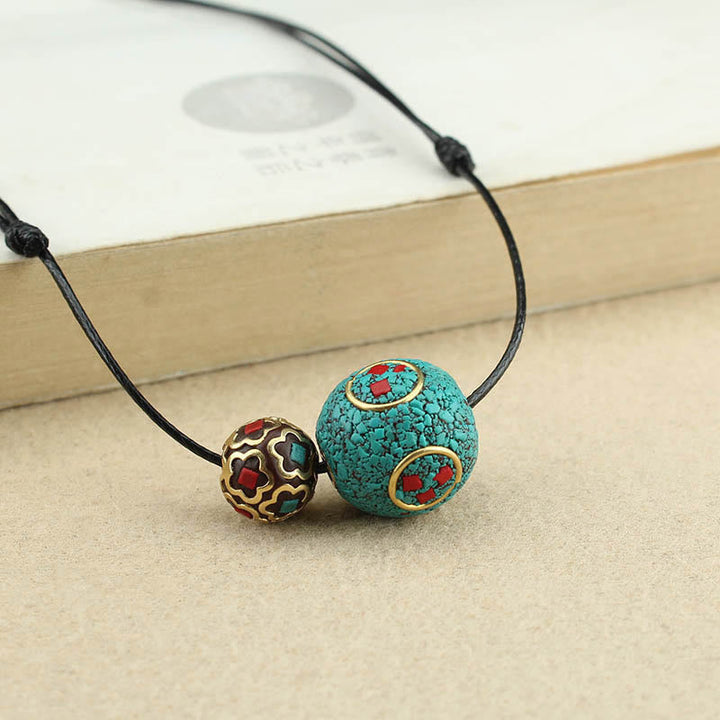 BWOOOH Tibetan Turquoise Double Bead Protection Strength Necklace Pendant