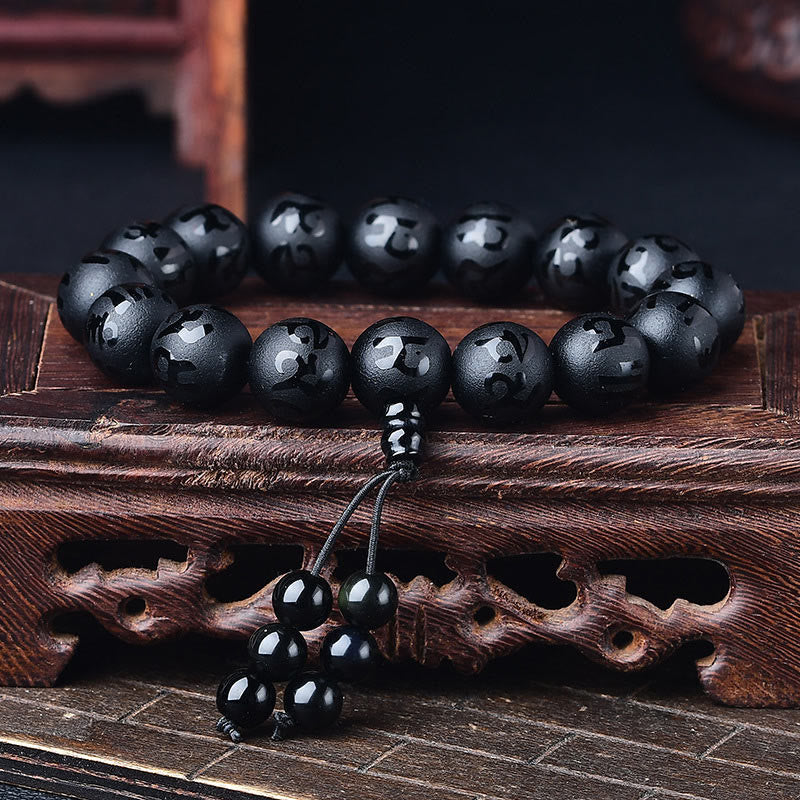 BWOOOH Tibet White Crystal Black Onyx Om Mani Padme Hum Meditation Bracelet