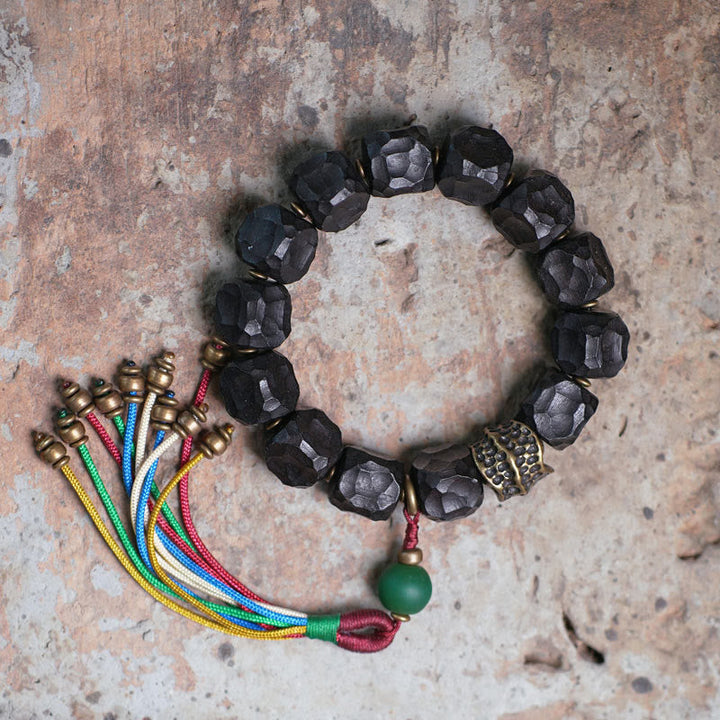 BWOOOH Tibet Ebony Wood Copper Peace Tassel Wrist Mala Bracelet