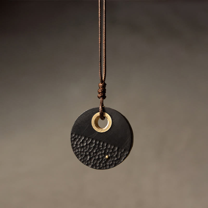 BWOOOH Handcrafted Round Ebony Wood Brass Copper Peace Necklace Pendant