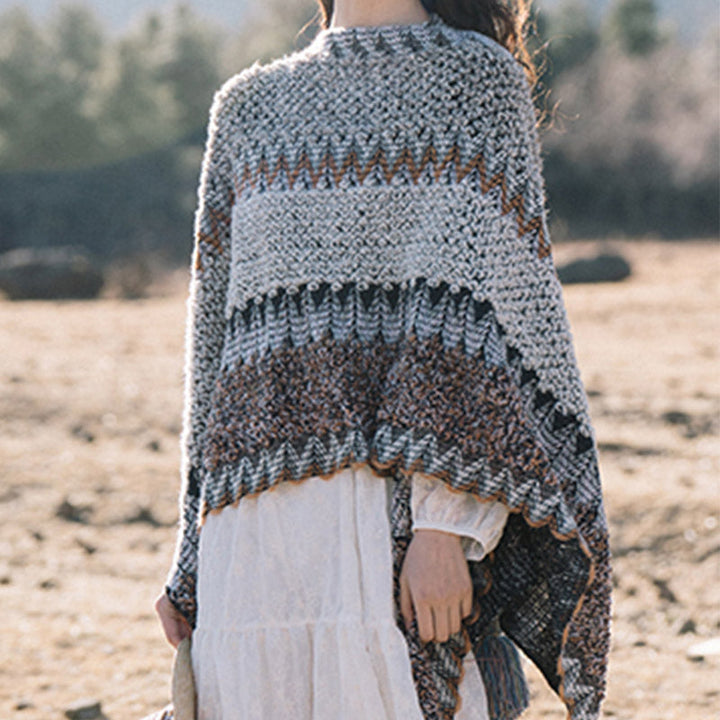 BWOOOH Tibetan Shawl Gray Brown Striped Knitted Tassels W