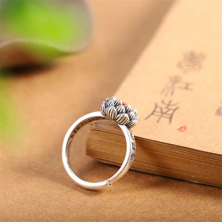 BWOOOH925 Sterling Silver Lotus Red Agate Confidence Blessing Ring