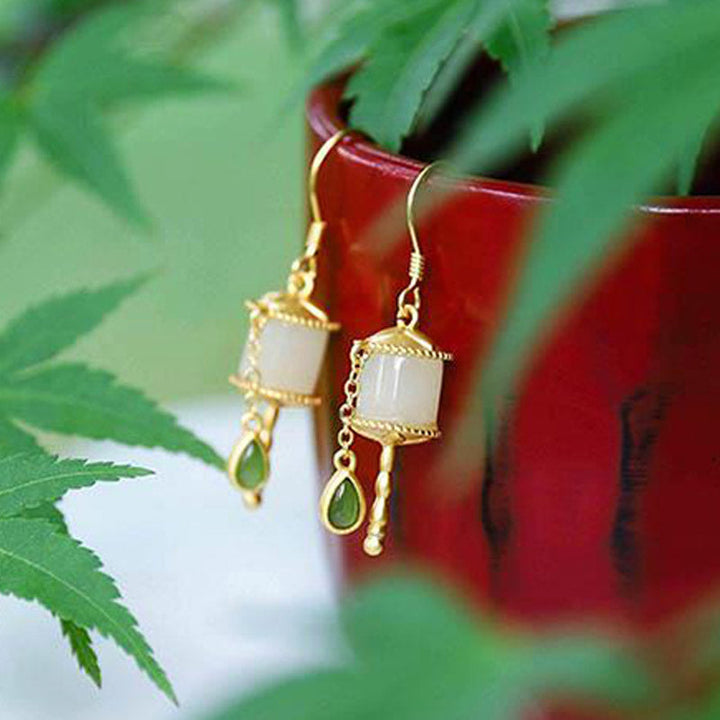 BWOOOH 925 Sterling Silver Jade Prayer Wheel Luck Drop Earrings