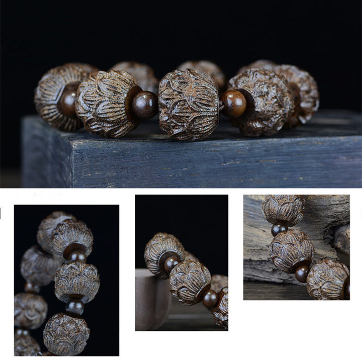 BWOOOH Ebony Wood Eighteen Arhats Lotus Dragon Engraved Balance Bracelet | spiritual healing bracelet