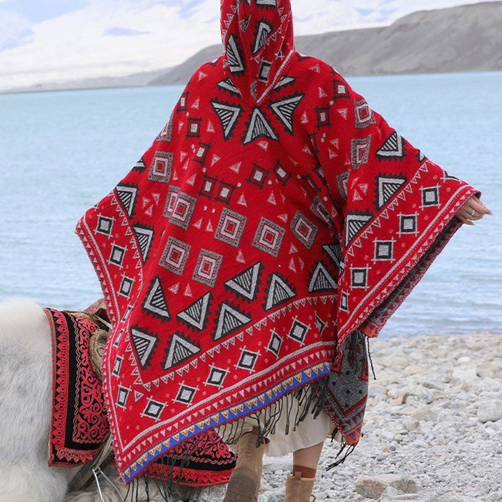 BWOOOH Tibetan Shawl Triangle Pattern Hooded Cloak Winter