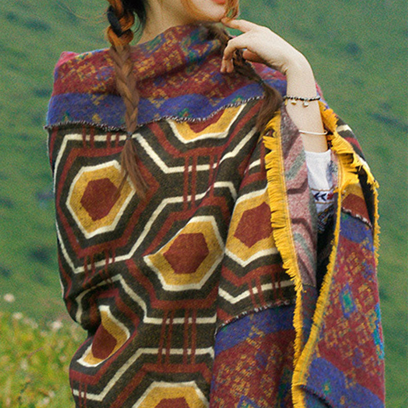 BWOOOH Tibetan Shawl Brown Blue Red Geometric Shapes Patt