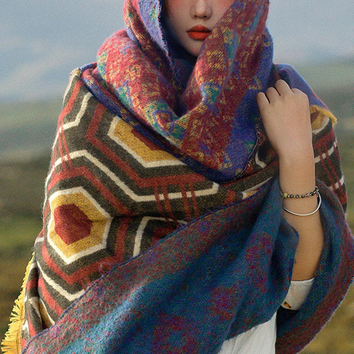 BWOOOH Tibetan Shawl Brown Blue Red Geometric Shapes Patt