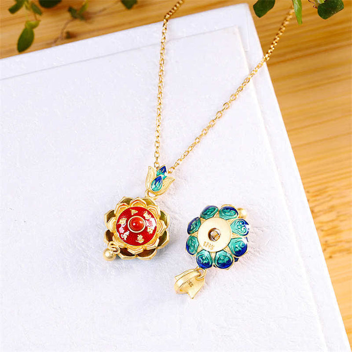 BWOOOH 925 Sterling Silver Tibet Lotus Prayer Wheel Red Agate Enlightenment Necklace Pendant