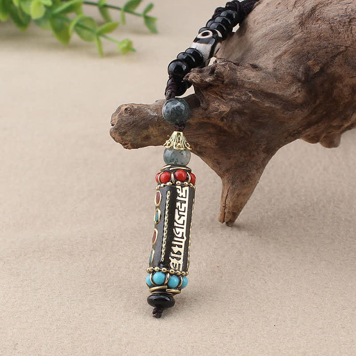 BWOOOH Tibetan Om Mani Padme Hum Dzi Bead Wenge Wood Necklace Pendant