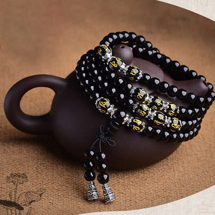 BWOOOH Black Obsidian Six True Words Protection Mala Bracelet