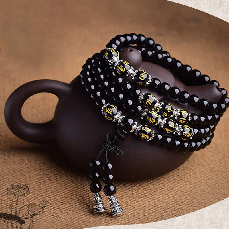 BWOOOH Black Obsidian Six True Words Protection Mala Bracelet