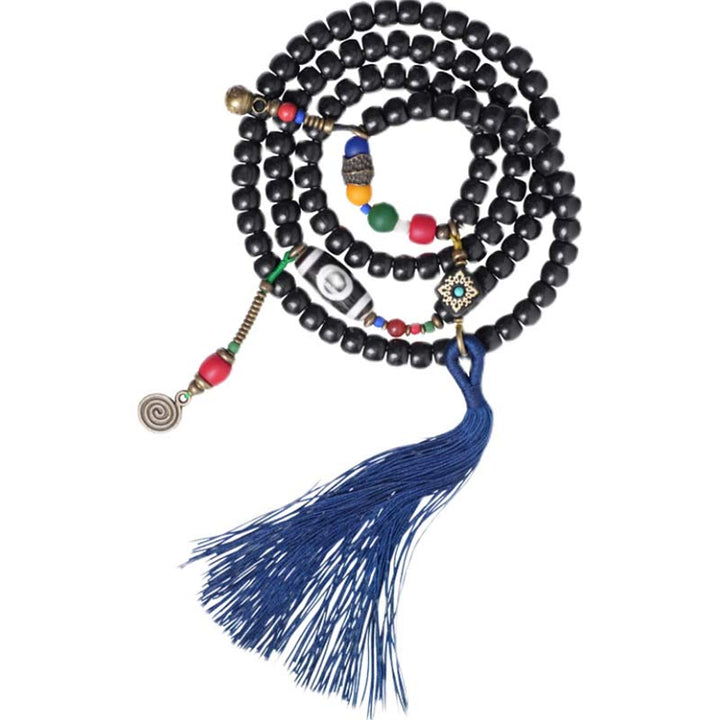 BWOOOH 108 Beads Mala Ebony Wood Dzi Bead Copper Balance Tassel Bracelet
