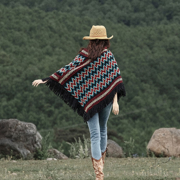 BWOOOH Tibetan Shawl Striped Knitted Tassels Pullover Win