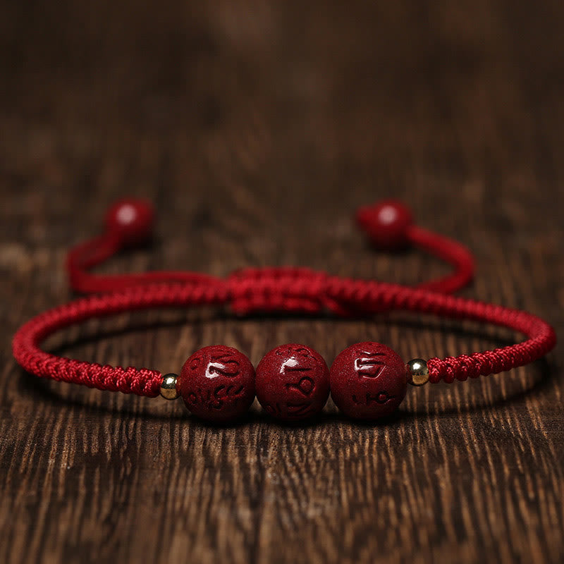 BWOOOH Handmade Cinnabar Om Mani Padme Hum Engraved Beads Blessing Braided Bracelet