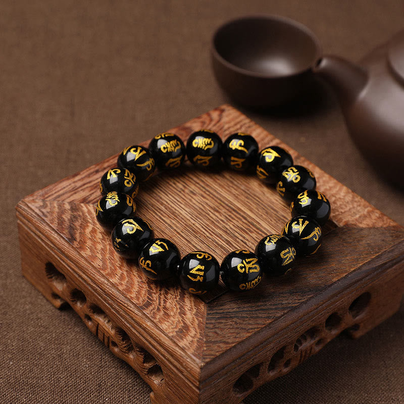 BWOOOH Tibet White Crystal Black Onyx Om Mani Padme Hum Meditation Bracelet