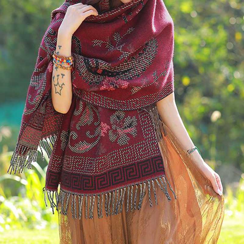 BWOOOH Tibetan Flowers Leaves Pattern Design Shawl Cozy T