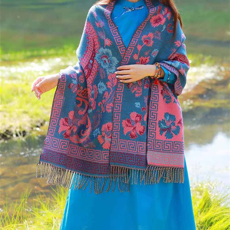 BWOOOH Tibetan Flowers Leaves Pattern Design Shawl Cozy T