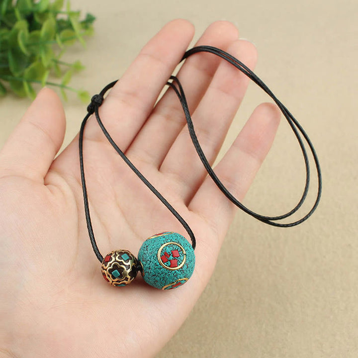 BWOOOH Tibetan Turquoise Double Bead Protection Strength Necklace Pendant