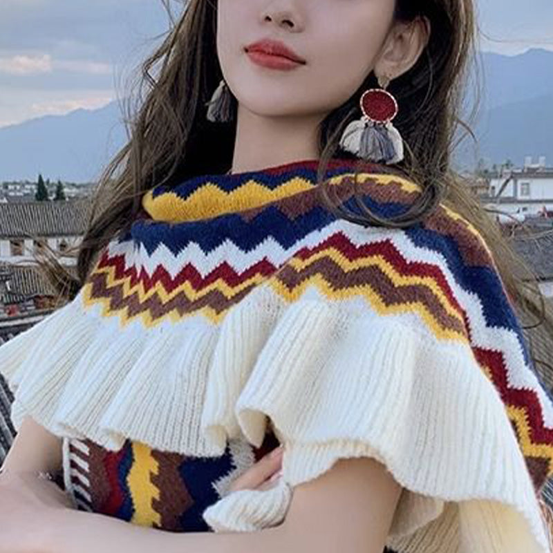 BWOOOH Tibetan Shawl Colorful Striped Wavy Line Tassels W