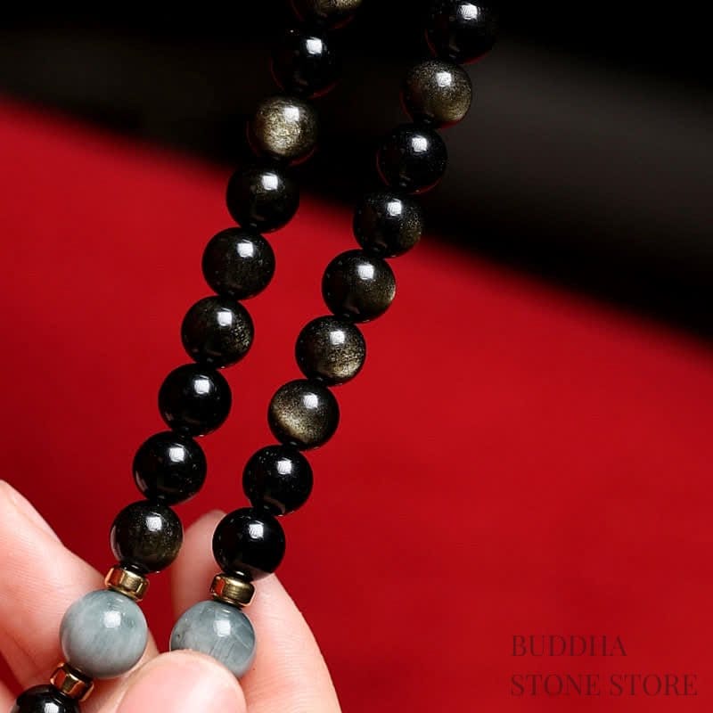 BWOOOH 108 Mala Beads Gold Sheen Obsidian Tiger Eye Eagle&