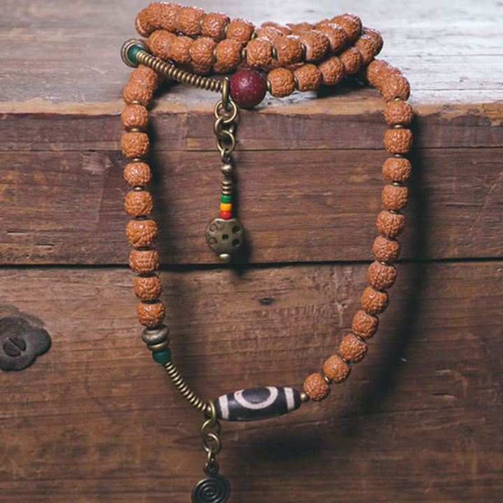 BWOOOH 108 Mala Rudraksha Beads Bodhi Seed Dzi Bead Luck Auspiciousness Tassel Bracelet