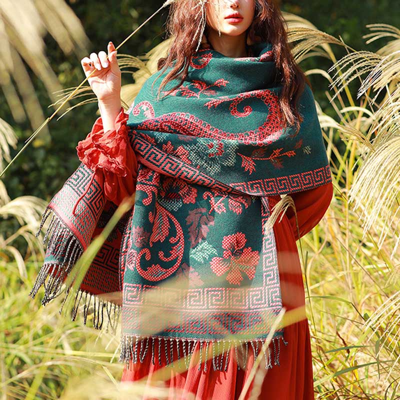 BWOOOH Tibetan Flowers Leaves Pattern Design Shawl Cozy T