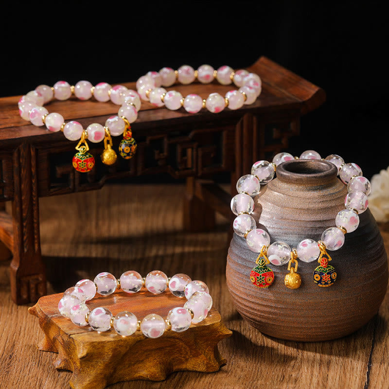 BWOOOH Gold Swallowing Beast Family Charm Luminous Pink Love Heart Fluorescent Liuli Glass Bead Blessings Bracelet