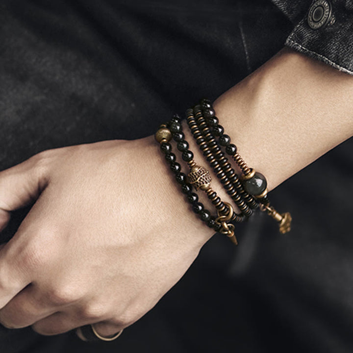 BWOOOH Rainbow Obsidian Ebony Wood Copper Positive Multilayer Bracelet | spiritual healing bracelet