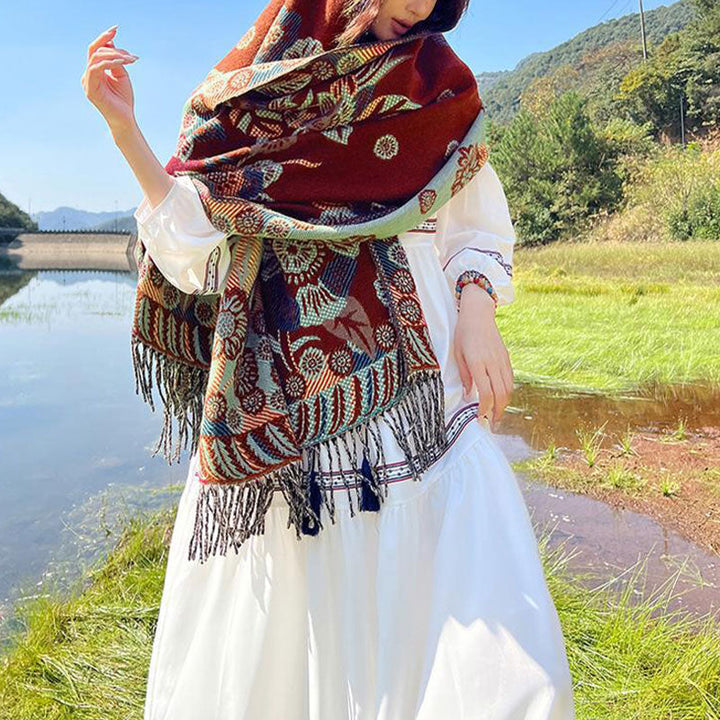 BWOOOH Tibetan Flower Floral Leaves Pattern Design Shawl 