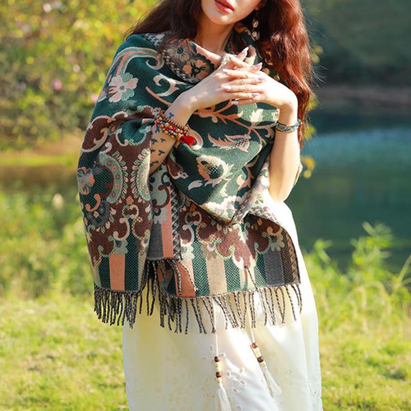 BWOOOH Tibetan Flowers Leaves Branch Design Tassel Shawl 