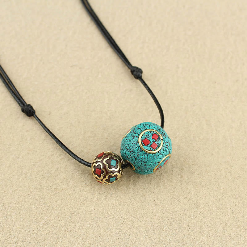 BWOOOH Tibetan Turquoise Double Bead Protection Strength Necklace Pendant