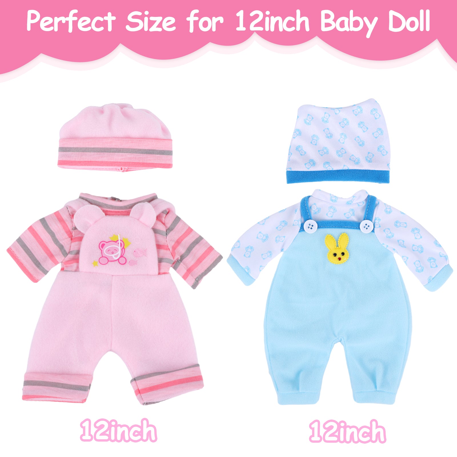 12 Inches Pink+Blue Clothing & Reborn Accessories 8 Pcs Set, Suitable for Twin Baby Dolls
