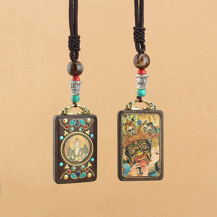 BWOOOH Tibet God of Wealth Thangka Ebony Peace Necklace Pendant