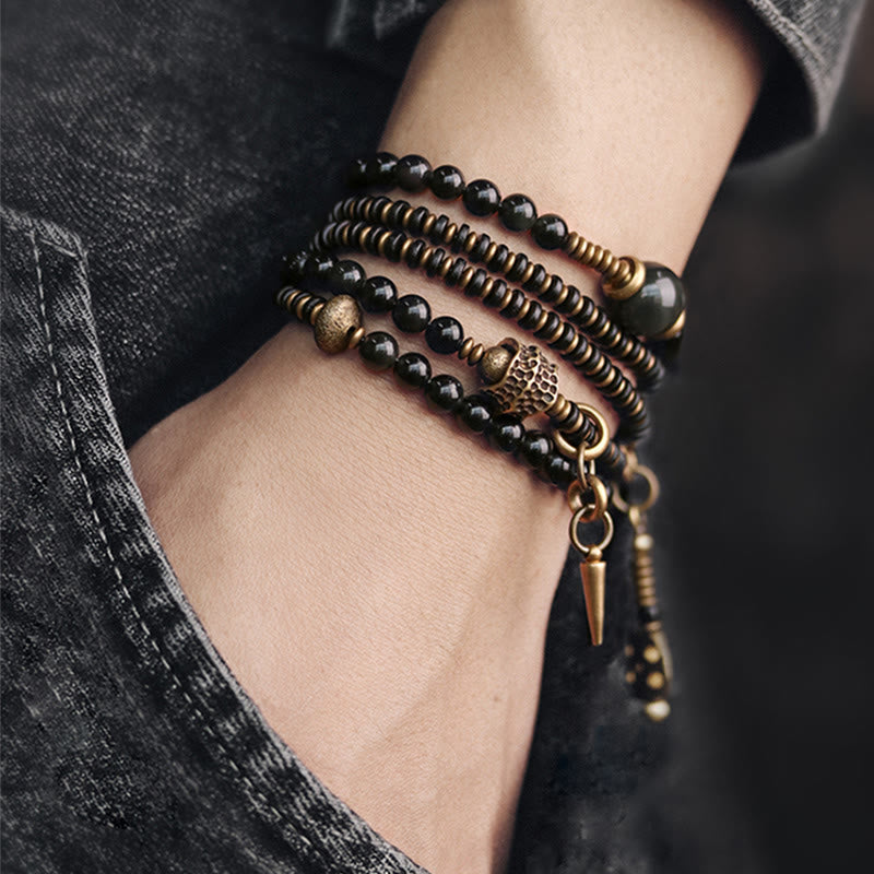BWOOOH Rainbow Obsidian Ebony Wood Copper Positive Multilayer Bracelet | spiritual healing bracelet