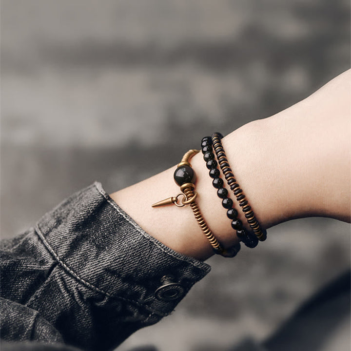 BWOOOH Rainbow Obsidian Ebony Wood Copper Healing Triple Wrap Bracelet