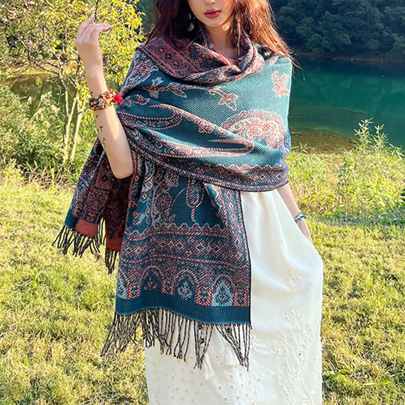BWOOOH Vintage Tibetan Leaves Pattern Design Shawl Cozy T