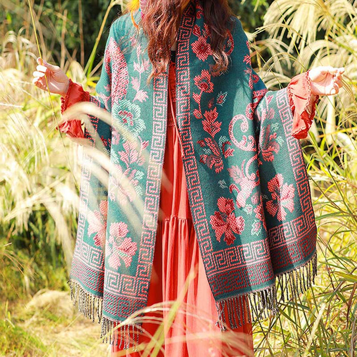 BWOOOH Tibetan Flowers Leaves Pattern Design Shawl Cozy T