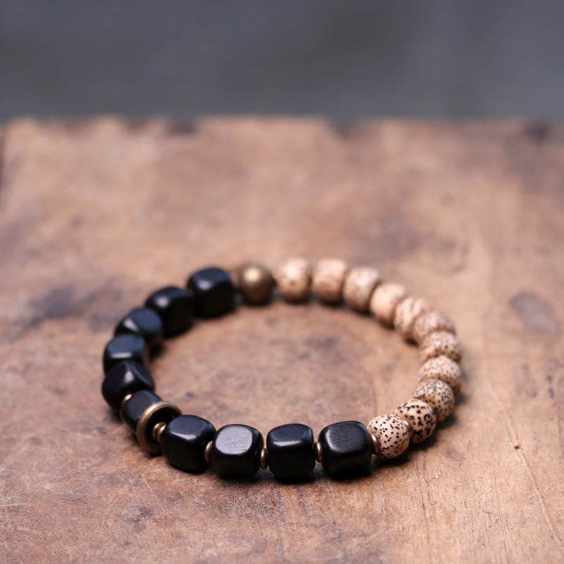 BWOOOH Tibetan Bodhi Seed Black Obsidian Ebony Wood Copper Peace Bracelet