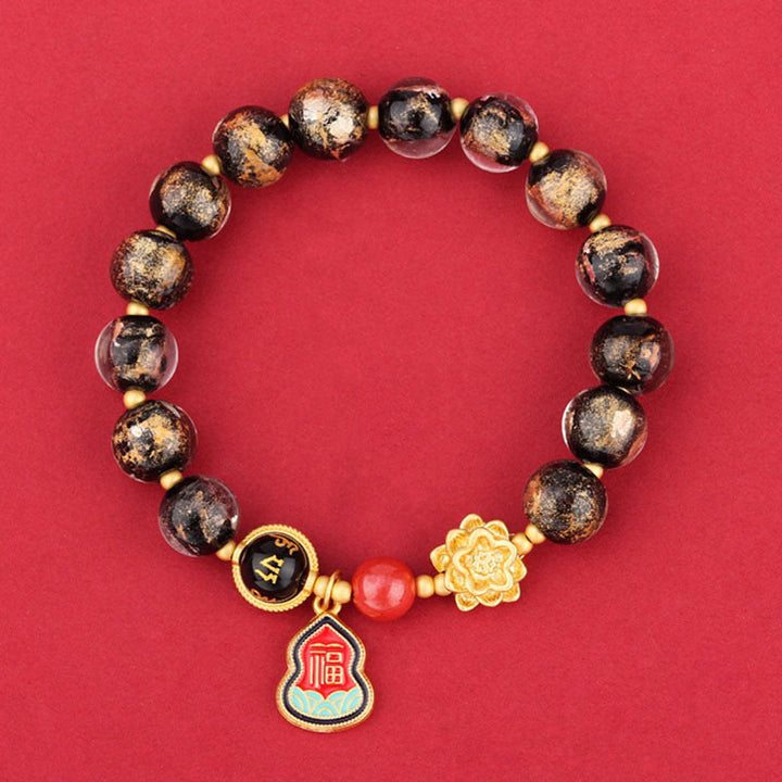 BWOOOH Tibet Om Mani Padme Hum Fu Character Gourd Charm Lotus Liuli Glass Bead Luck Bracelet