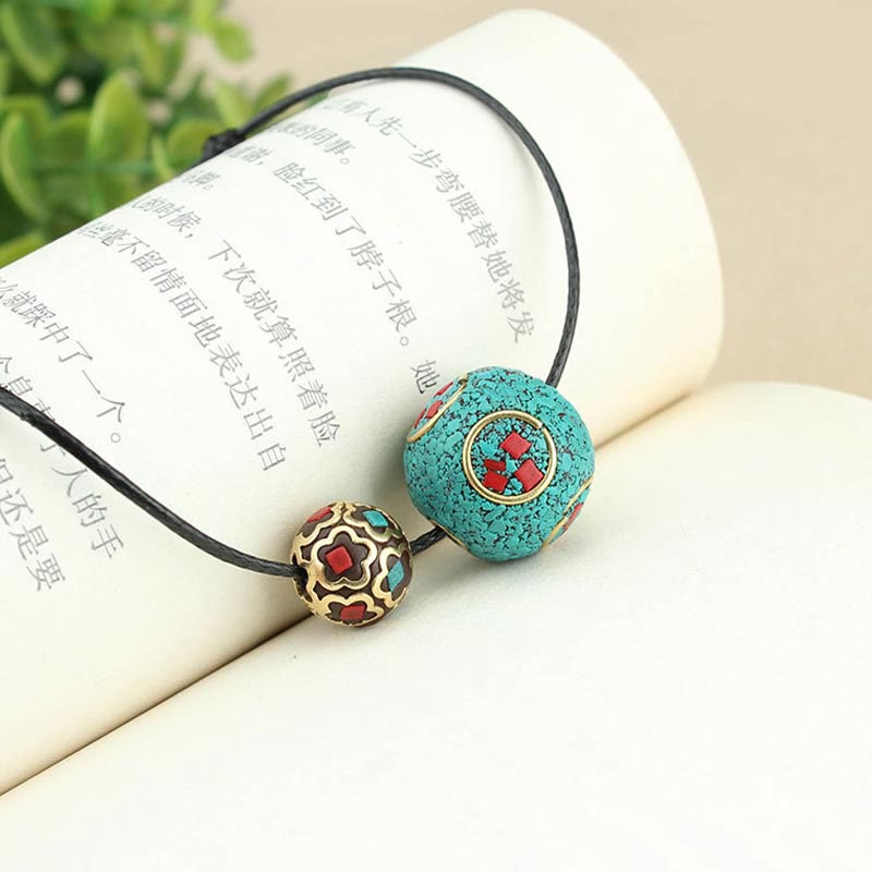 BWOOOH Tibetan Turquoise Double Bead Protection Strength Necklace Pendant