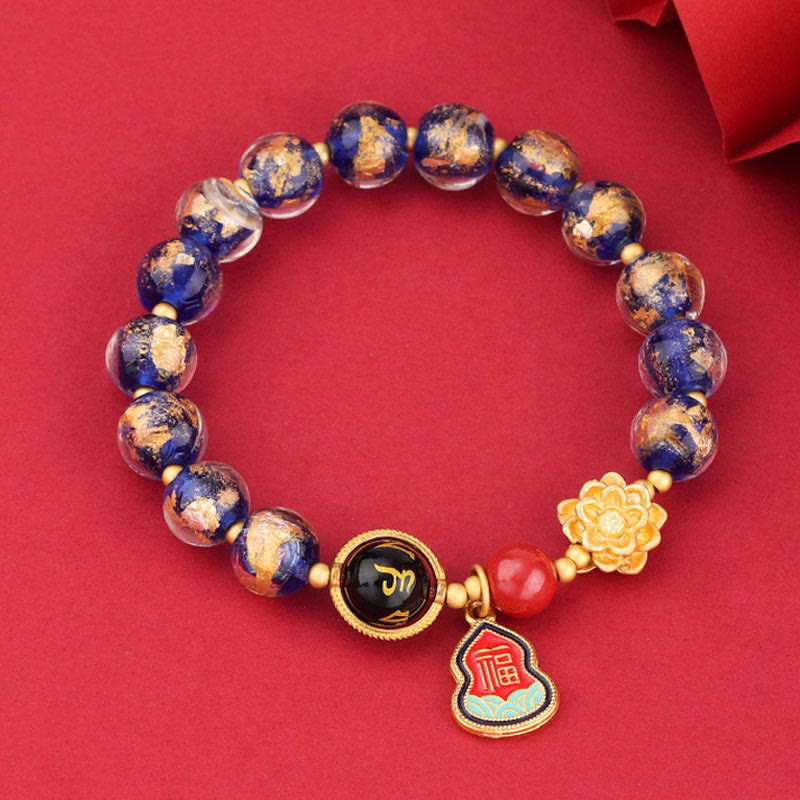 BWOOOH Tibet Om Mani Padme Hum Fu Character Gourd Charm Lotus Liuli Glass Bead Luck Bracelet