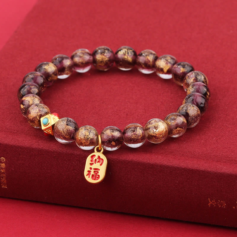 BWOOOH Tibetan Incense Ash Liuli Glass Bead Lucky Fortune Fu Character Charm Bracelet