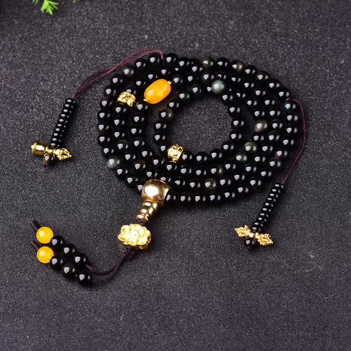 BWOOOH 108 Beads Natural Black Obsidian Lotus Fulfilment Mala Bracelet
