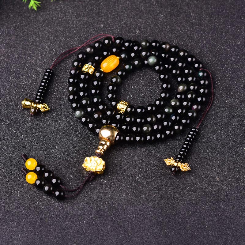 BWOOOH 108 Beads Natural Black Obsidian Lotus Fulfilment Mala Bracelet