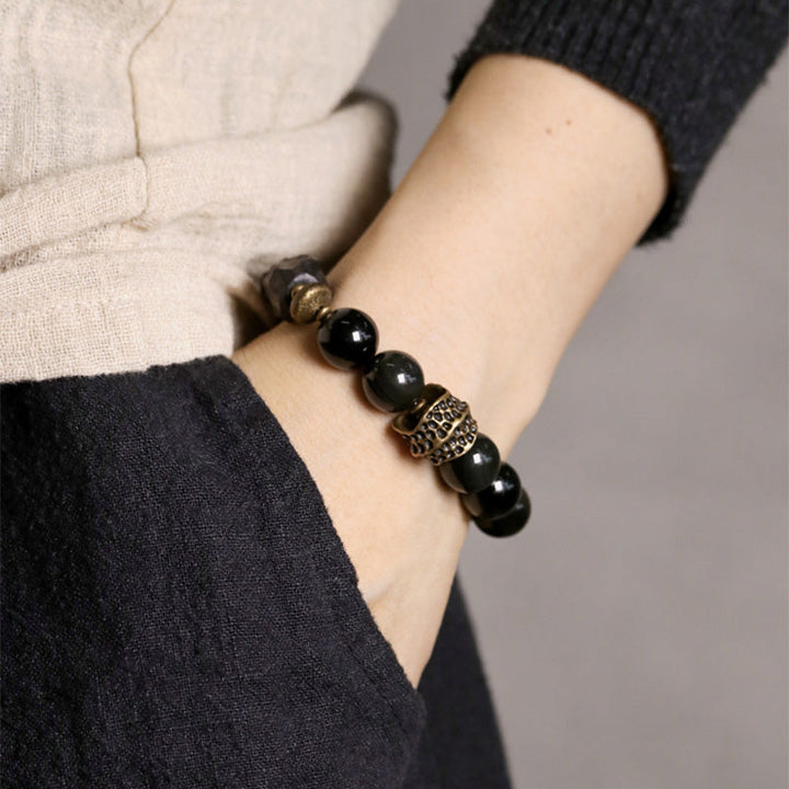 BWOOOH Black Obsidian Ebony Wood Copper Strength Couple Bracelet
